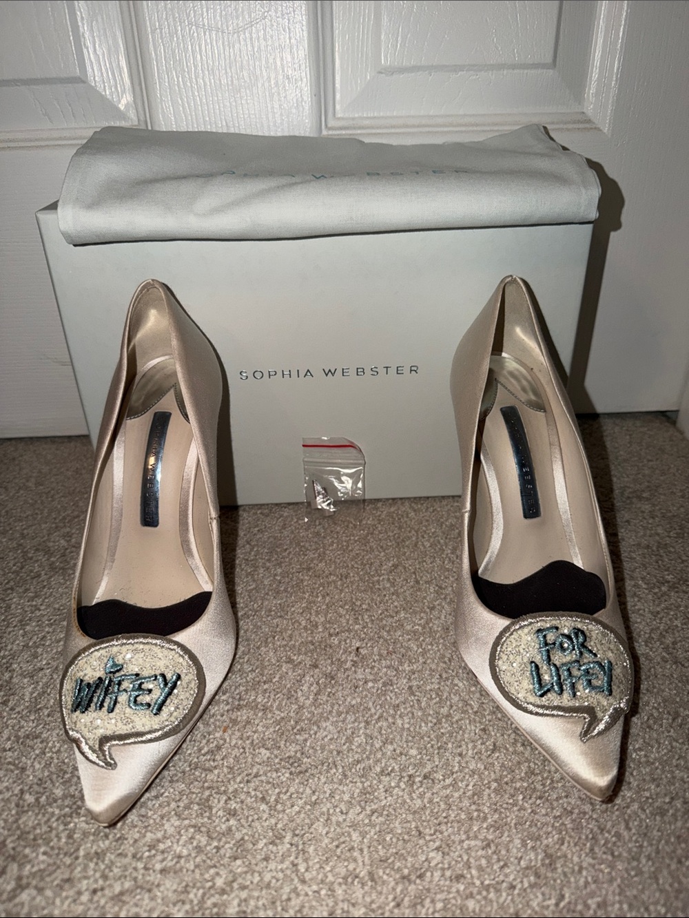 Sophia Webster Champagne Satin Embellished 'Wifey' & 'For Lifey' Pumps